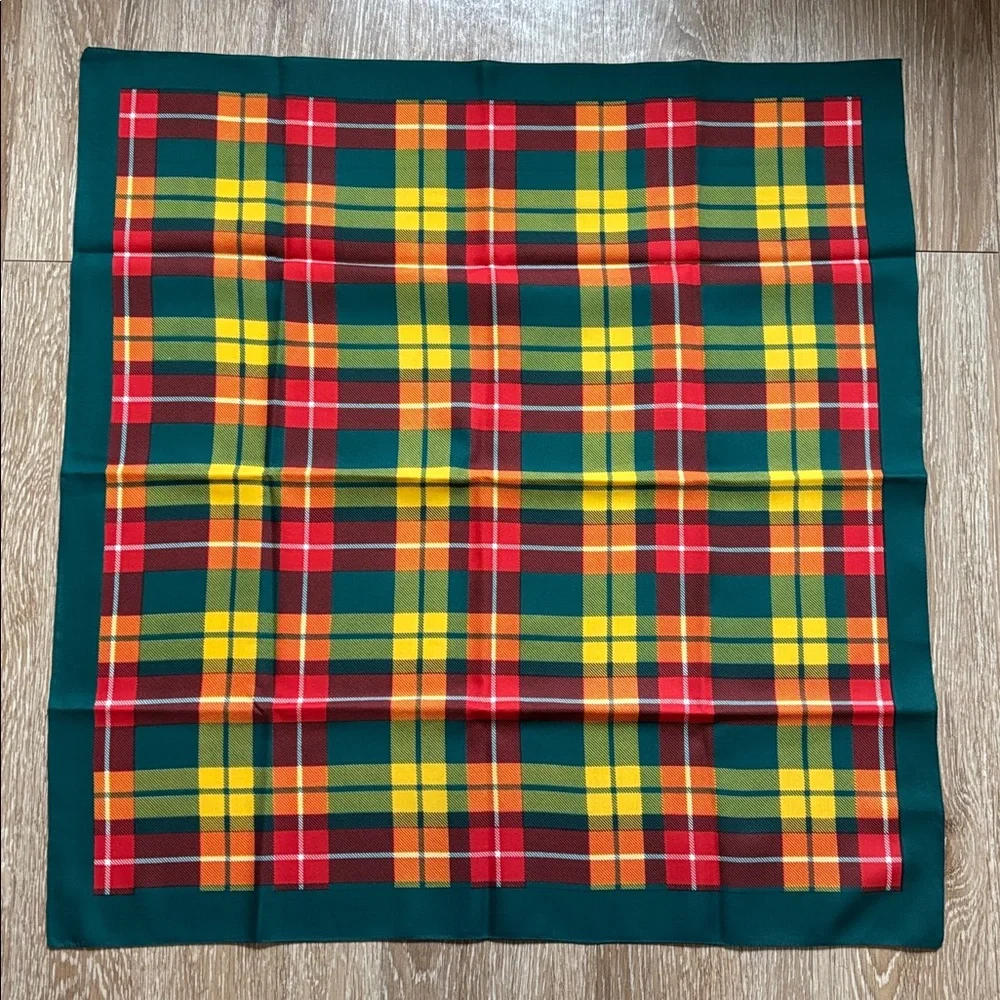 Vintage plaid tartan square scarf- red/yellow/green. 26” x 25”